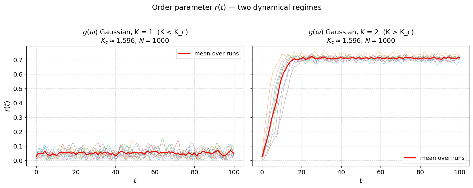 Order parameter dynamics below and above the Kuramoto critical coupling.